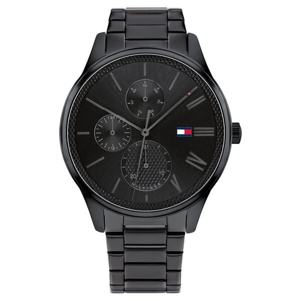 Tommy Hilfiger NCTH1791849 Men’s Black Dial Black Stainless Steel Strap Quartz Multifunction Analog Watch – Round Stainless Steel Case, Mineral Glass, Push‑Button Clasp, 50 m Water‑Resistant