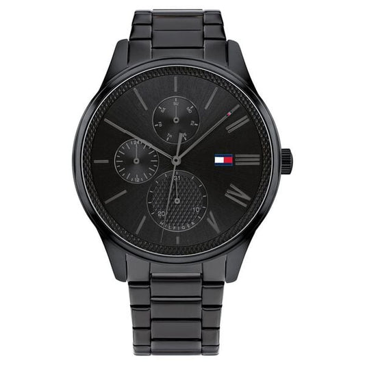 Tommy Hilfiger NCTH1791849 Men’s Black Dial Black Stainless Steel Strap Quartz Multifunction Analog Watch – Round Stainless Steel Case, Mineral Glass, Push‑Button Clasp, 50 m Water‑Resistant