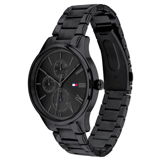 Tommy Hilfiger NCTH1791849 Men’s Black Dial Black Stainless Steel Strap Quartz Multifunction Analog Watch – Round Stainless Steel Case, Mineral Glass, Push‑Button Clasp, 50 m Water‑Resistant