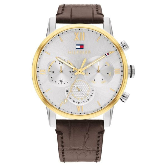 Tommy Hilfiger NETH1791884 Men Silver Dial Brown Leather-Strap Multifunction Watch