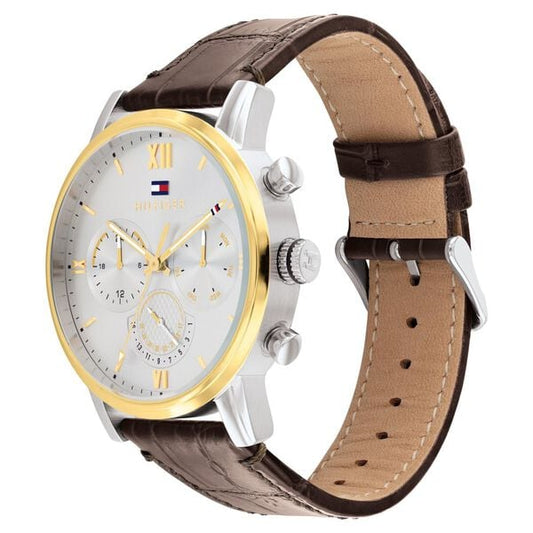 Tommy Hilfiger NETH1791884 Men Silver Dial Brown Leather-Strap Multifunction Watch