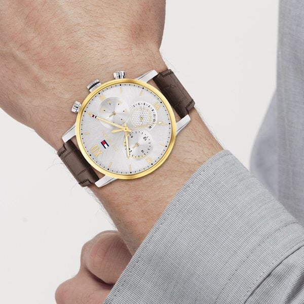 Tommy Hilfiger NETH1791884 Men Silver Dial Brown Leather-Strap Multifunction Watch