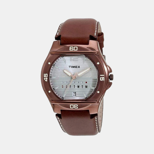 Timex TW000EL13 Analog Quartz Watch for Men – Silver Dial, Brown Leather Strap
