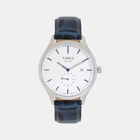 Timex TW000T316 Analog Quartz Watch for Men – White Dial, Blue Leather Strap