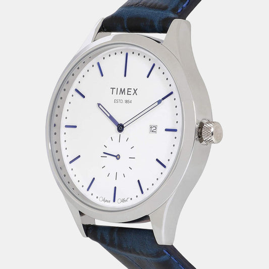 Timex TW000T316 Analog Quartz Watch for Men – White Dial, Blue Leather Strap