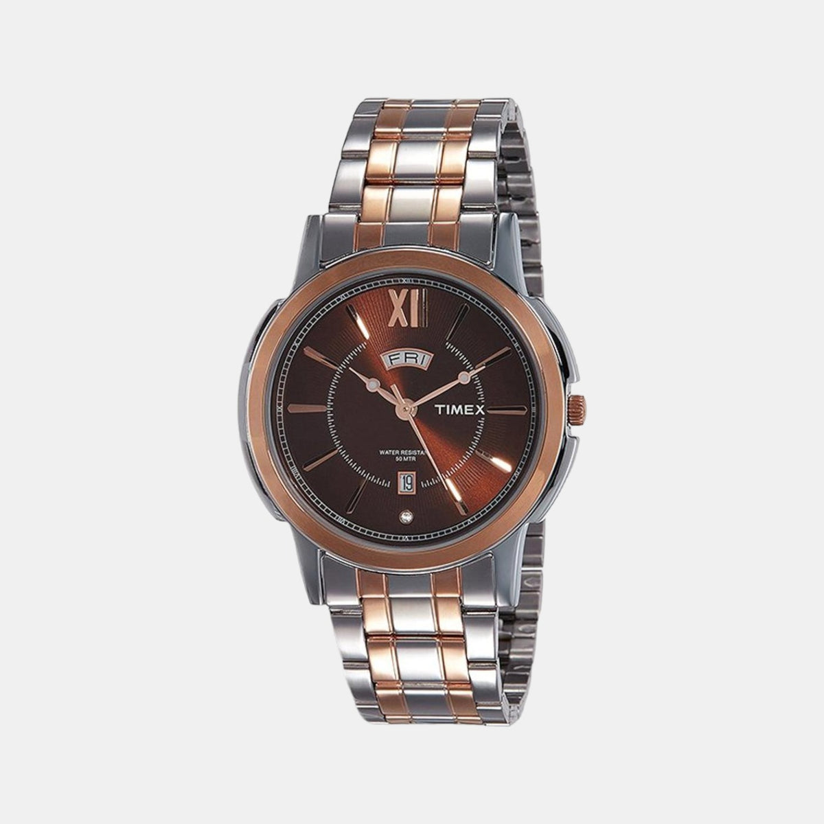 Timex TW000U312 Analog Quartz Watch for Men – Brown Dial, Two‑Tone Stainless Steel Bracelet