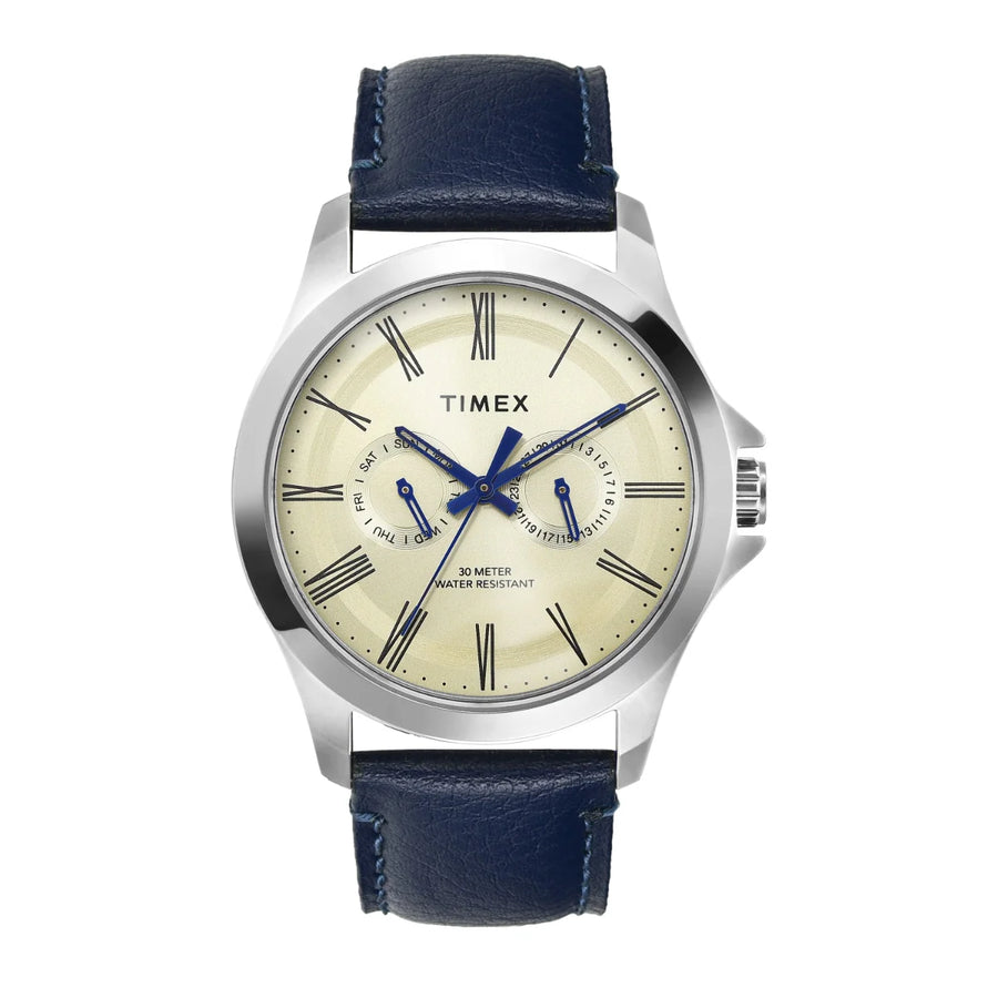 Timex TW000X127 Analog Quartz Watch for Men – Beige Dial, Blue Leather Strap