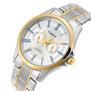 Timex TW000X134 Silver Dial Two‑Tone Stainless Steel Bracelet Analog Men Watch – Round Case, Quartz Movement