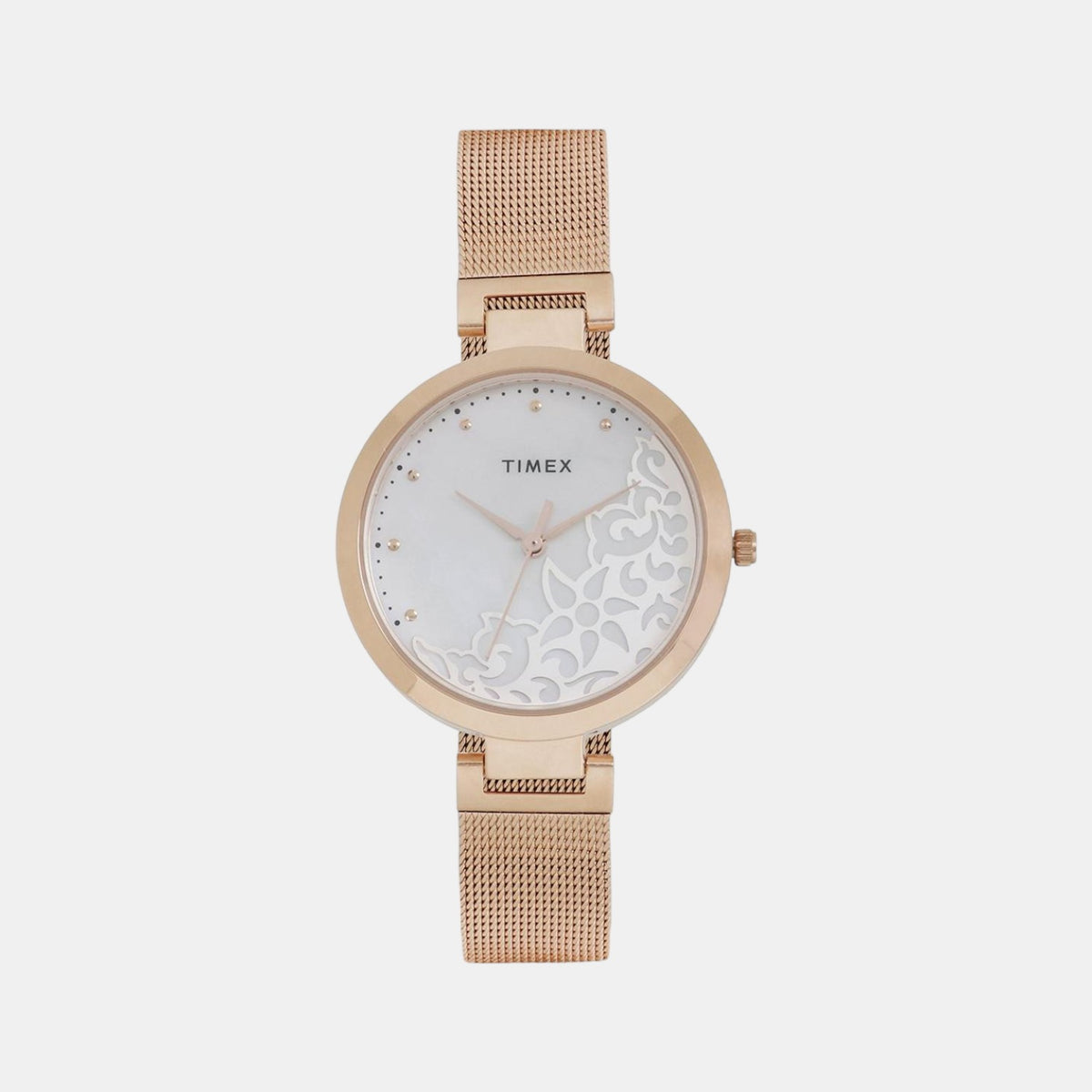 Timex TW000X220 Analog Quartz Watch for Women – Silver Dial, Rose Gold Mesh Band.