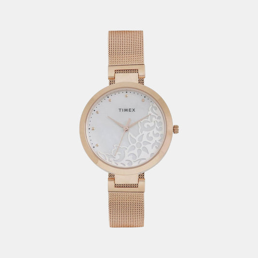Timex TW000X220 Analog Quartz Watch for Women – Silver Dial, Rose Gold Mesh Band.