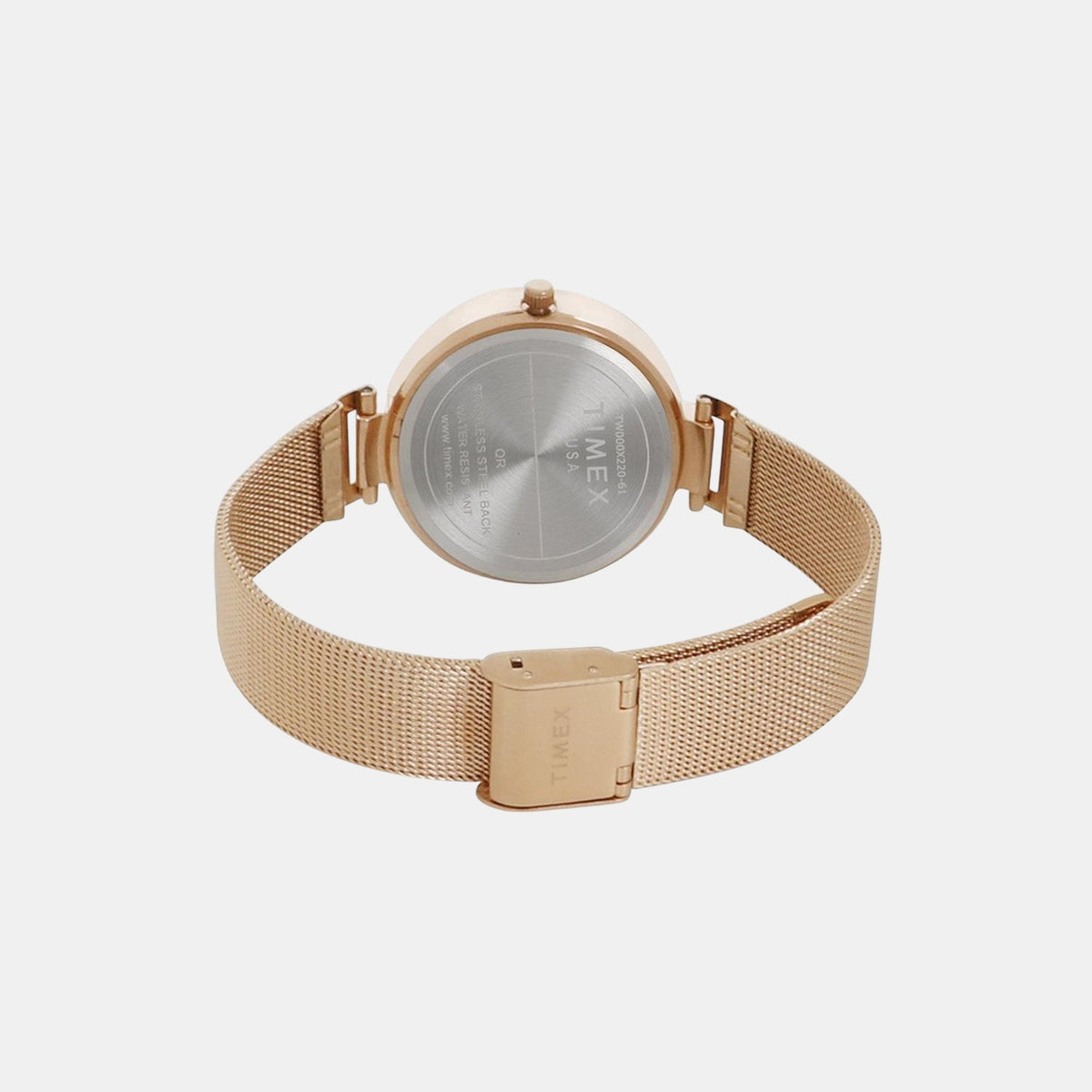 Timex TW000X220 Analog Quartz Watch for Women – Silver Dial, Rose Gold Mesh Band.