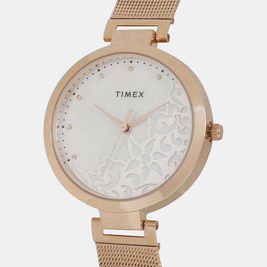 Timex TW000X220 Analog Quartz Watch for Women – Silver Dial, Rose Gold Mesh Band.