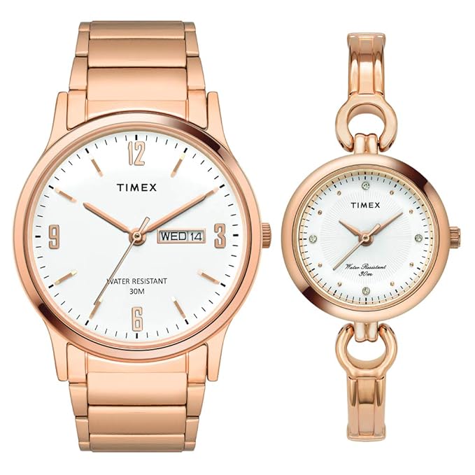 Timex TW00PR263 Classic Pair White‑Dial Rose‑Gold Analog Watches