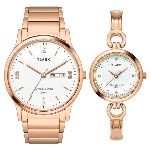 Timex TW00PR263 Classic Pair White‑Dial Rose‑Gold Analog Watches