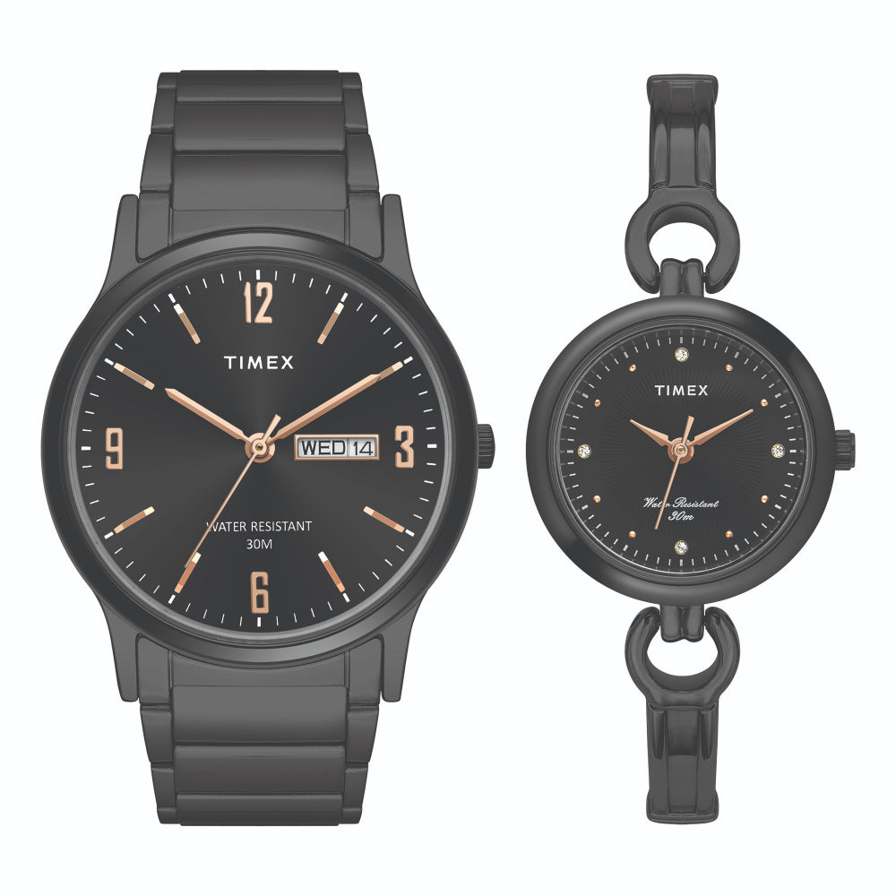 Timex TW00PR264 Black Dial Black Stainless‑Steel Pair Watch Set