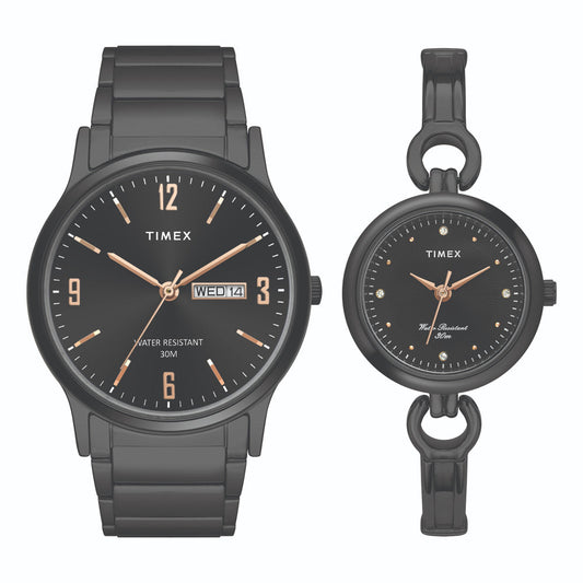 Timex TW00PR264 Black Dial Black Stainless‑Steel Pair Watch Set