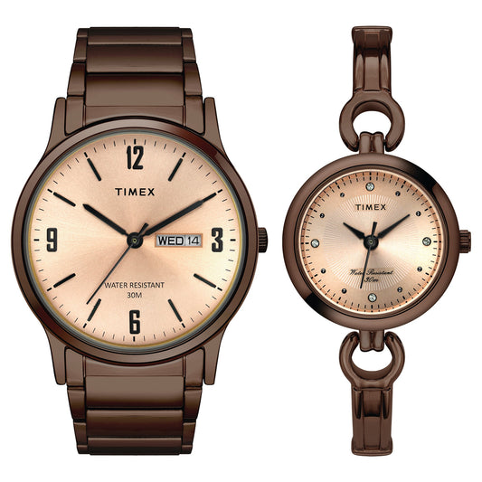 Timex TW00PR265 Rose‑Gold Dial Brown Stainless‑Steel Watch Set