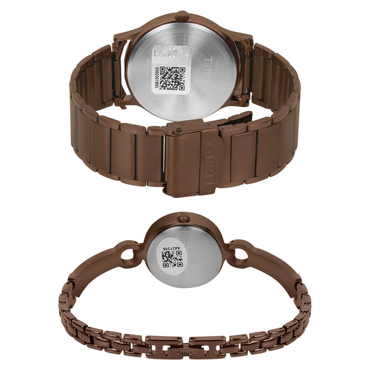 Timex TW00PR265 Rose‑Gold Dial Brown Stainless‑Steel Watch Set