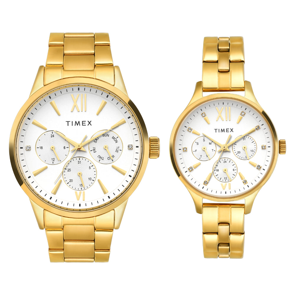 Timex TW00PR303 Unisex Silver Dial Quartz Multifunction Analog Round Stainless Steel Watch (Pair)