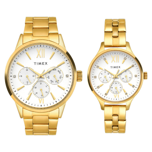 Timex TW00PR303 Unisex Silver Dial Quartz Multifunction Analog Round Stainless Steel Watch (Pair)