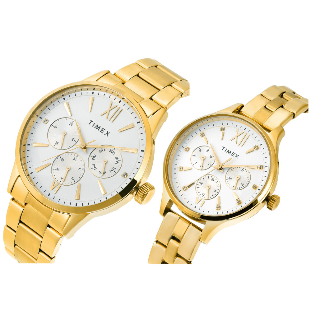 Timex TW00PR303 Unisex Silver Dial Quartz Multifunction Analog Round Stainless Steel Watch (Pair)