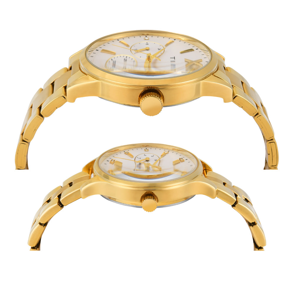 Timex TW00PR303 Unisex Silver Dial Quartz Multifunction Analog Round Stainless Steel Watch (Pair)