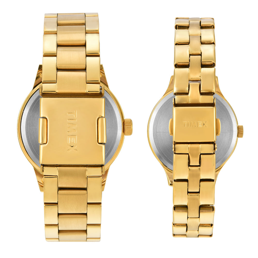 Timex TW00PR303 Unisex Silver Dial Quartz Multifunction Analog Round Stainless Steel Watch (Pair)