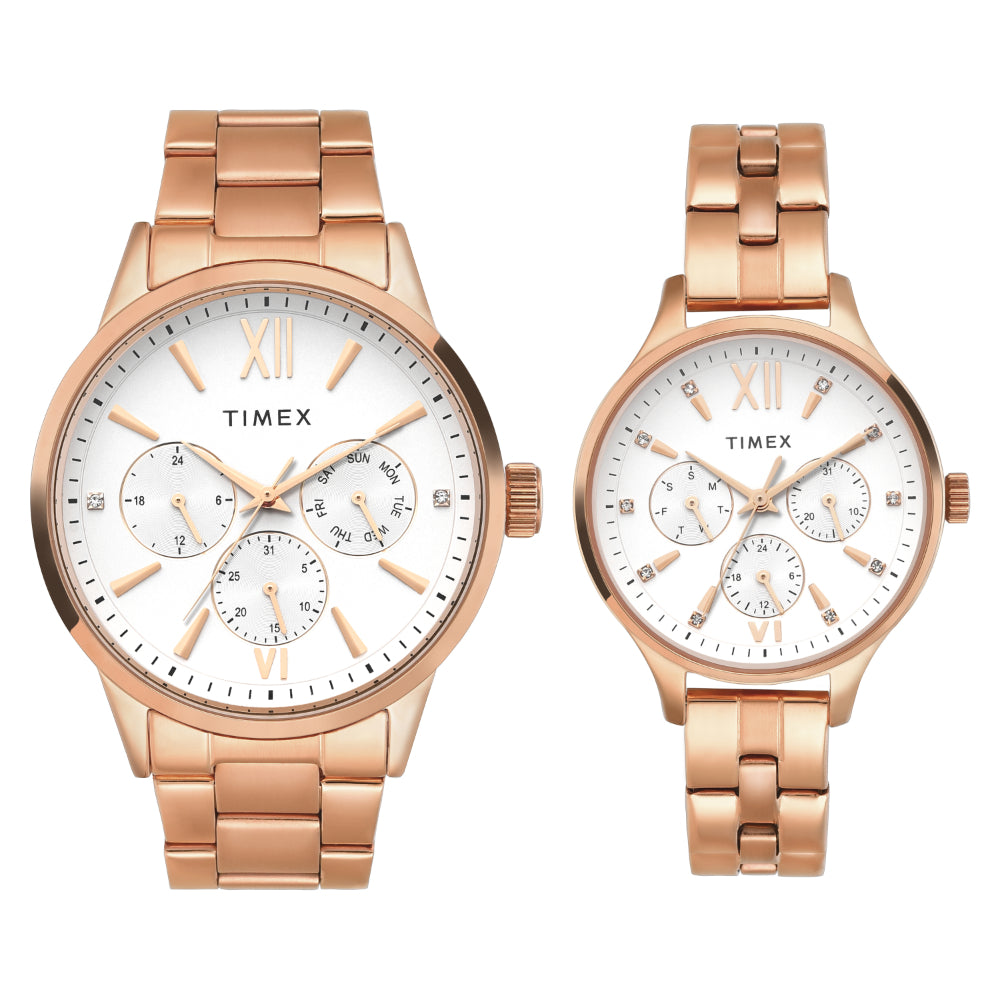 Timex TW00PR304 Unisex Couple Silver Dial Quartz Multifunction Watch Set