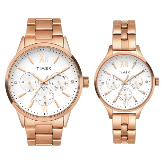 Timex TW00PR304 Unisex Couple Silver Dial Quartz Multifunction Watch Set