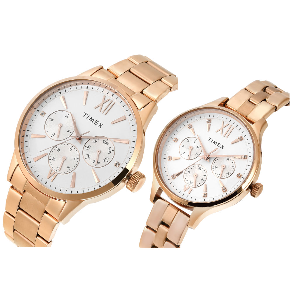 Timex TW00PR304 Unisex Couple Silver Dial Quartz Multifunction Watch Set