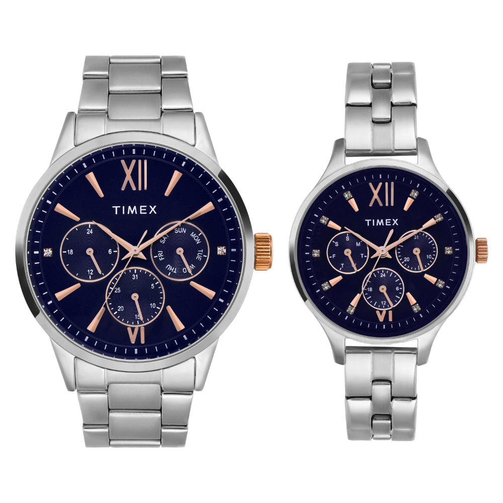 Timex TW00PR305 Unisex Blue Dial Quartz Multifunction Couple Watch Set
