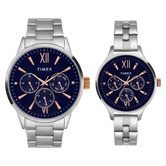 Timex TW00PR305 Unisex Blue Dial Quartz Multifunction Couple Watch Set