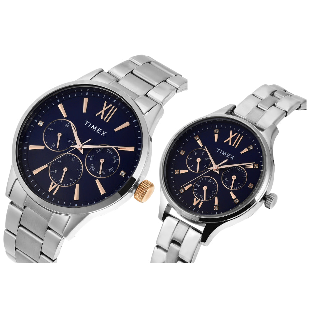 Timex TW00PR305 Unisex Blue Dial Quartz Multifunction Couple Watch Set