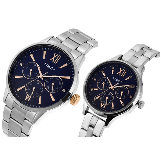Timex TW00PR305 Unisex Blue Dial Quartz Multifunction Couple Watch Set