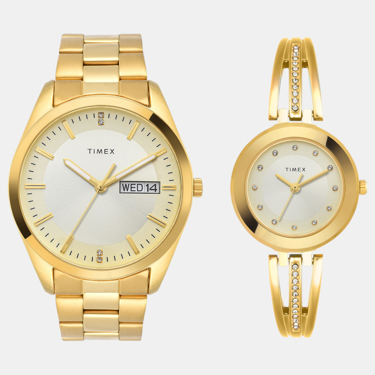 Timex TW00PR307 Beige Dial Stainless Steel Couple Analog Watches – Round Case, Quartz Movement, Gold‑Tone Strap