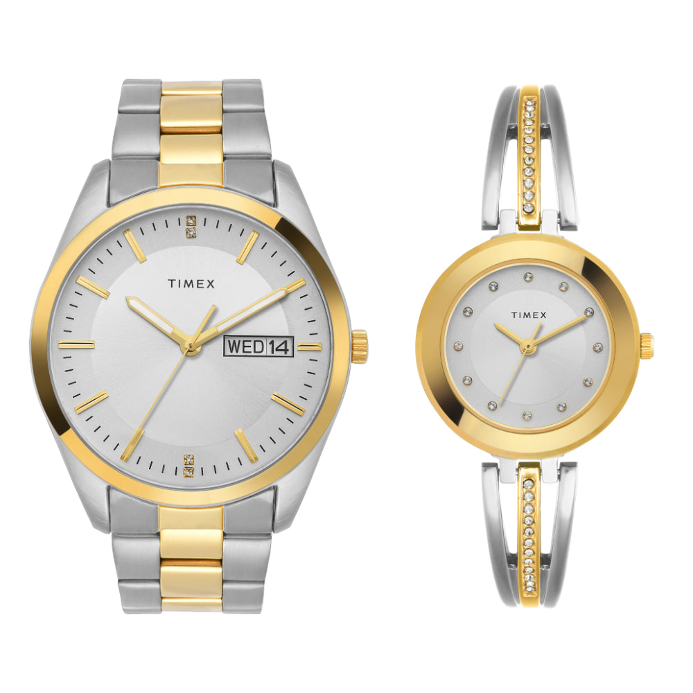 Timex TW00PR308 Unisex Silver Dial Quartz Analog Pair Watch Set