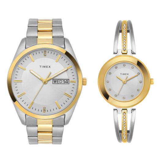 Timex TW00PR308 Unisex Silver Dial Quartz Analog Pair Watch Set