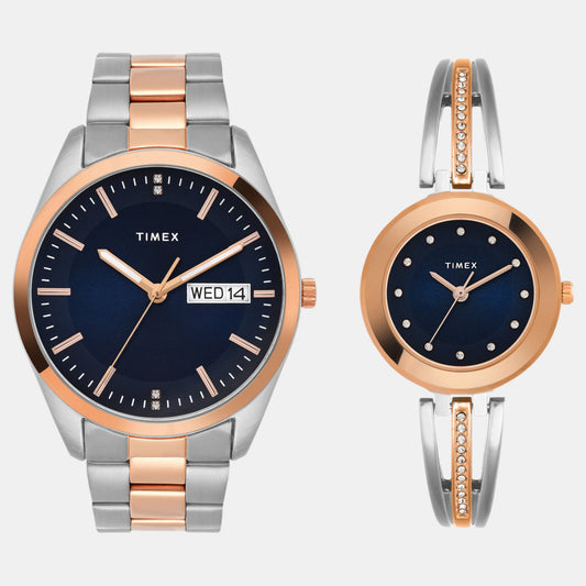 Timex TW00PR309 Unisex Blue Dial Quartz Analog Round Stainless Steel Pair’s Watch