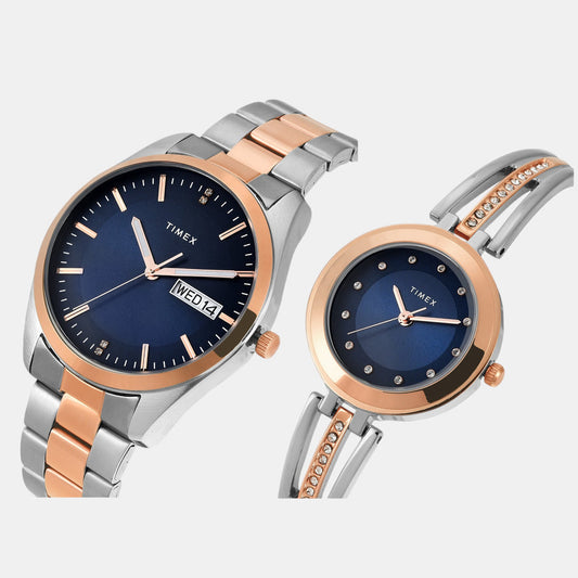 Timex TW00PR309 Unisex Blue Dial Quartz Analog Round Stainless Steel Pair’s Watch