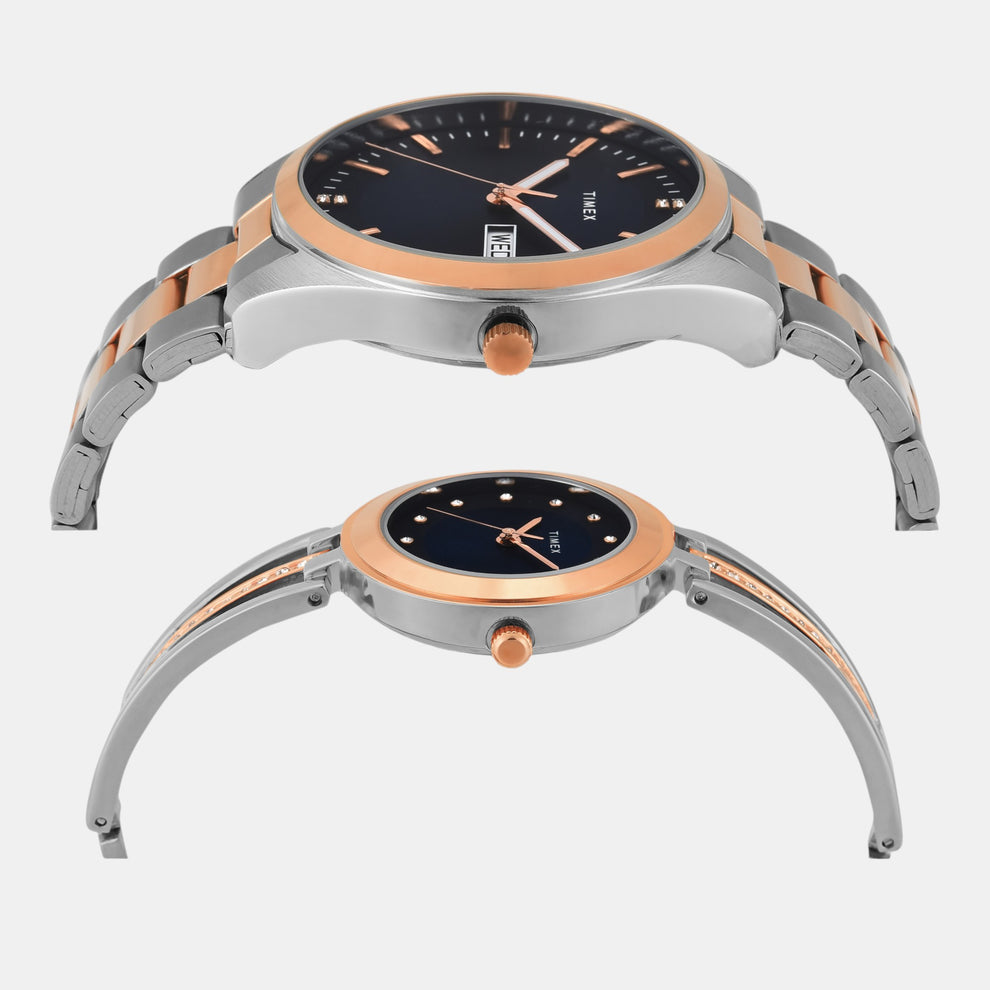 Timex TW00PR309 Unisex Blue Dial Quartz Analog Round Stainless Steel Pair’s Watch