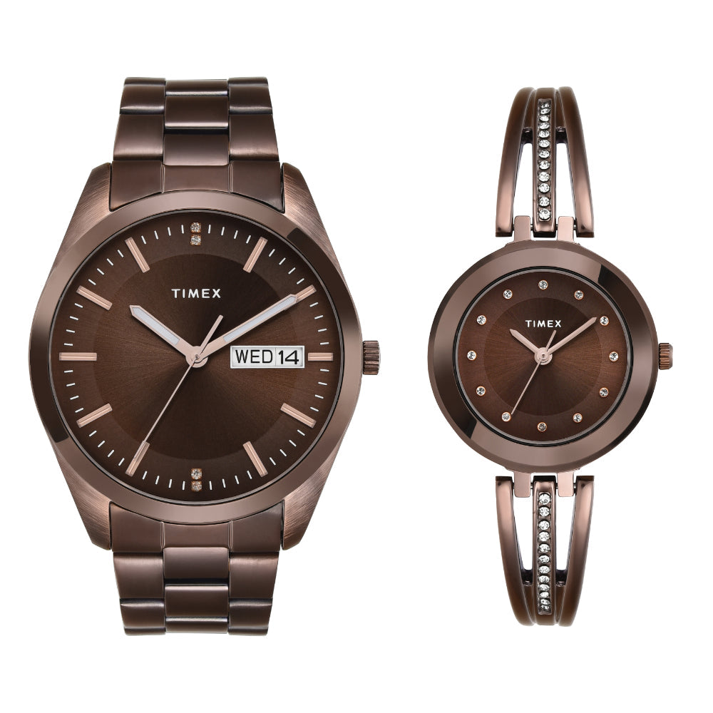 Timex TW00PR311 Unisex Brown Dial Quartz Analog Pair Watch Set