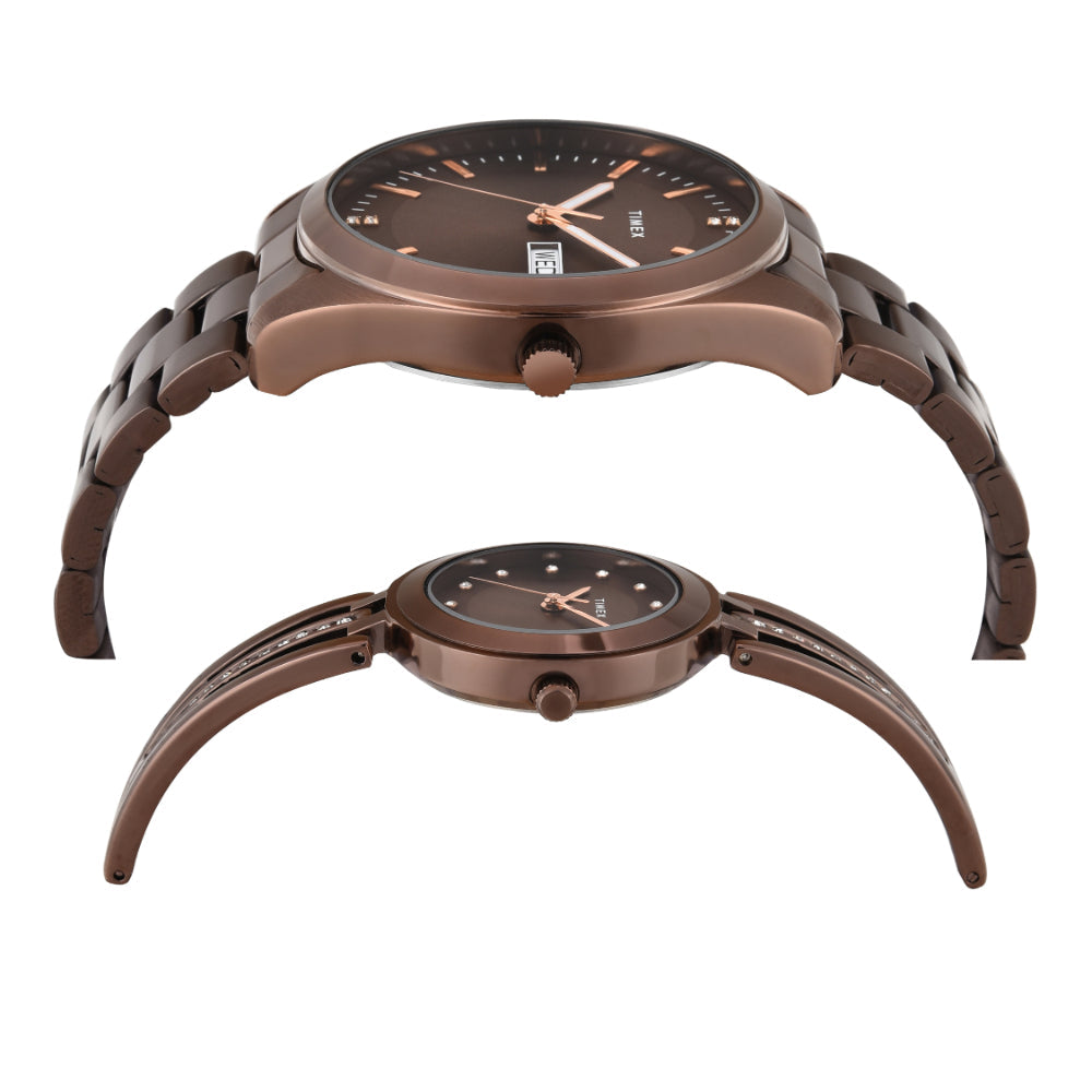 Timex TW00PR311 Unisex Brown Dial Quartz Analog Pair Watch Set