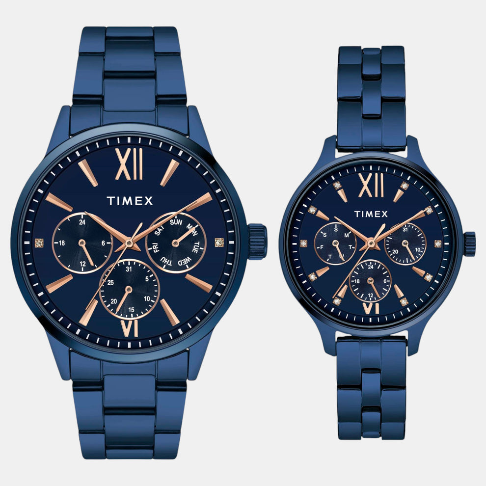 Timex TW00PR313 Unisex Blue Dial Quartz Analog Pair Watch Set