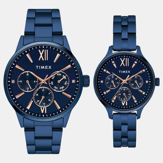 Timex TW00PR313 Unisex Blue Dial Quartz Analog Pair Watch Set