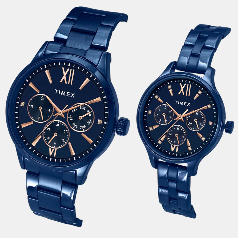 Timex TW00PR313 Unisex Blue Dial Quartz Analog Pair Watch Set