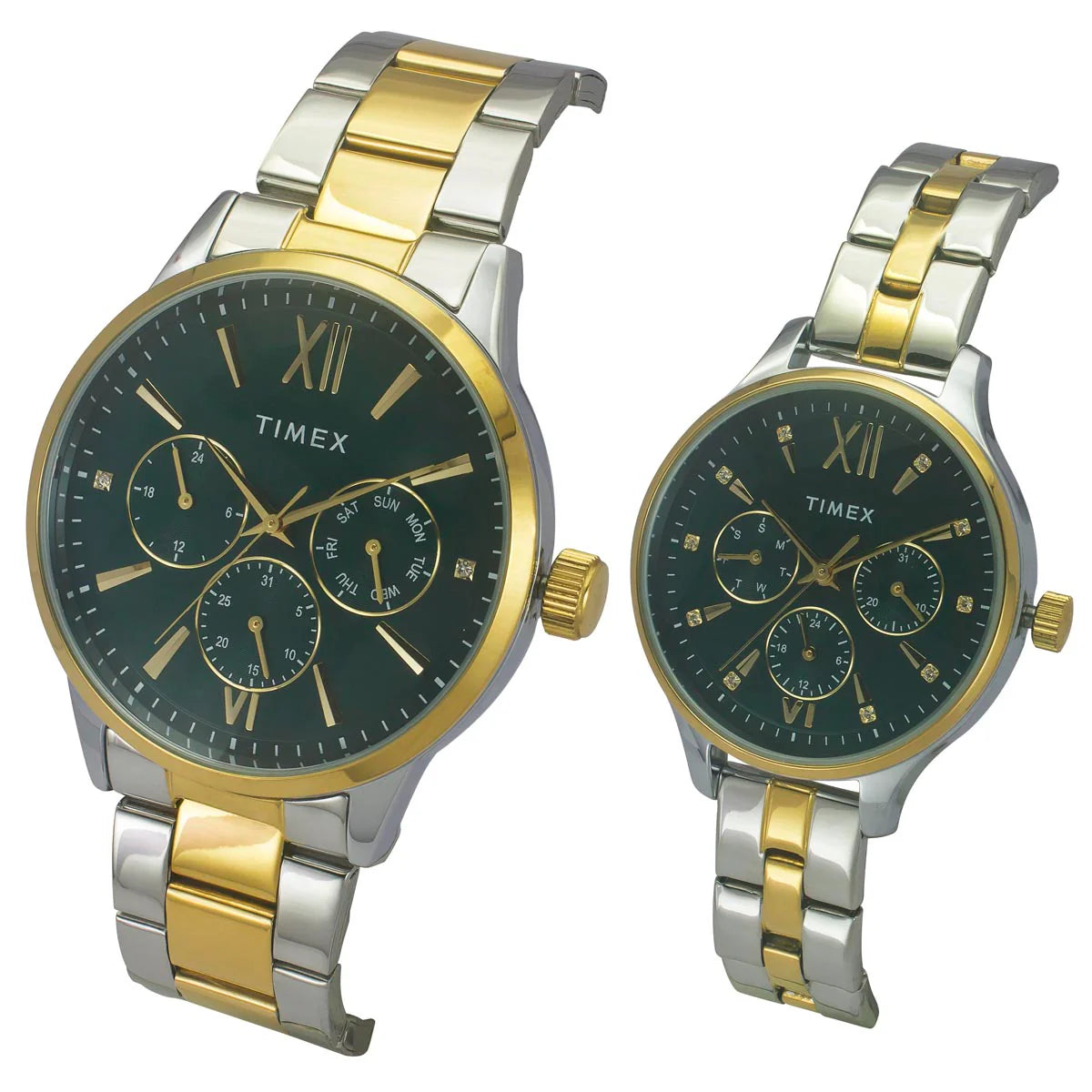 Timex 00PR315 Trendline Quartz Analog Green Dial Two-Tone Stainless Steel Couple Watch Set
