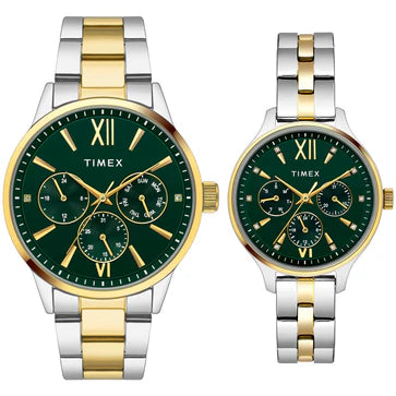 Timex 00PR315 Trendline Quartz Analog Green Dial Two-Tone Stainless Steel Couple Watch Set