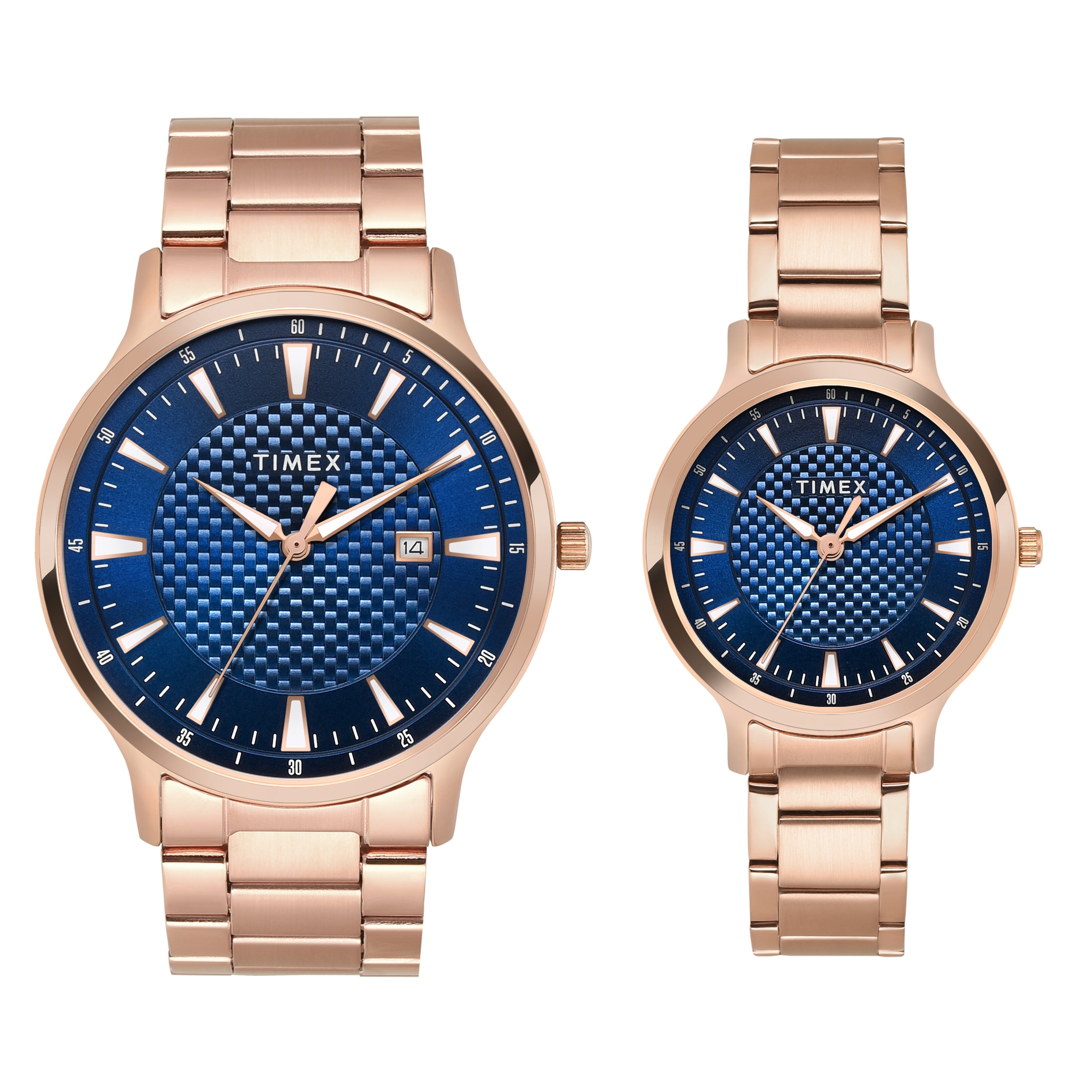 Timex TW00PR322 Quartz Analog Blue Round Dial Rose-Gold Stainless Steel Strap Couples Watch Set