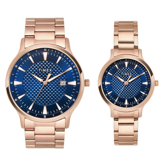 Timex TW00PR322 Quartz Analog Blue Round Dial Rose-Gold Stainless Steel Strap Couples Watch Set