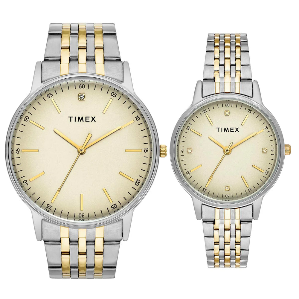 Timex TW00PR329 Pair’s Beige (Tan) Dial Quartz Analog Round Stainless Steel Watches